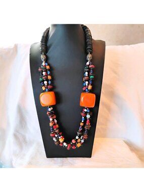 Vtg Berber Tribal Moroccan Faux Amber & Mix Gemstone Wood Disc Bead Necklace